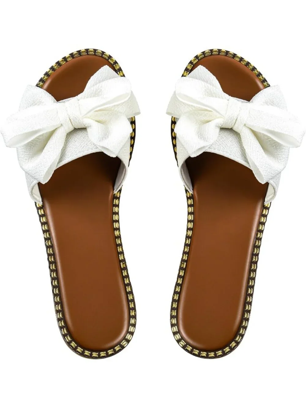 Women's White Leather Bow Knot Slides Open Toe Flat Summer Slip On Sandals